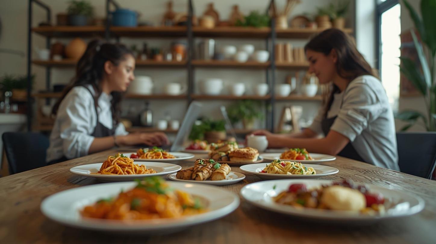Two chefs working on laptops with food dishes displayed in shared kitchen.
