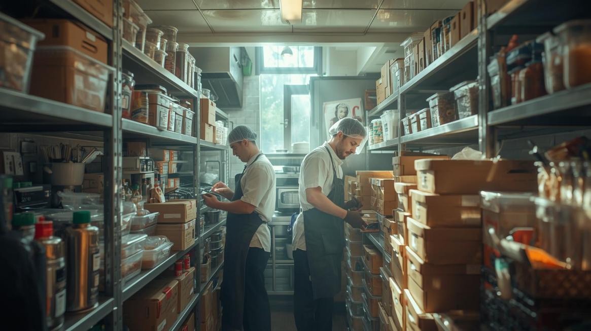 Chefs organize supplies in a small, sunny Astoria kitchen with tidy storage.